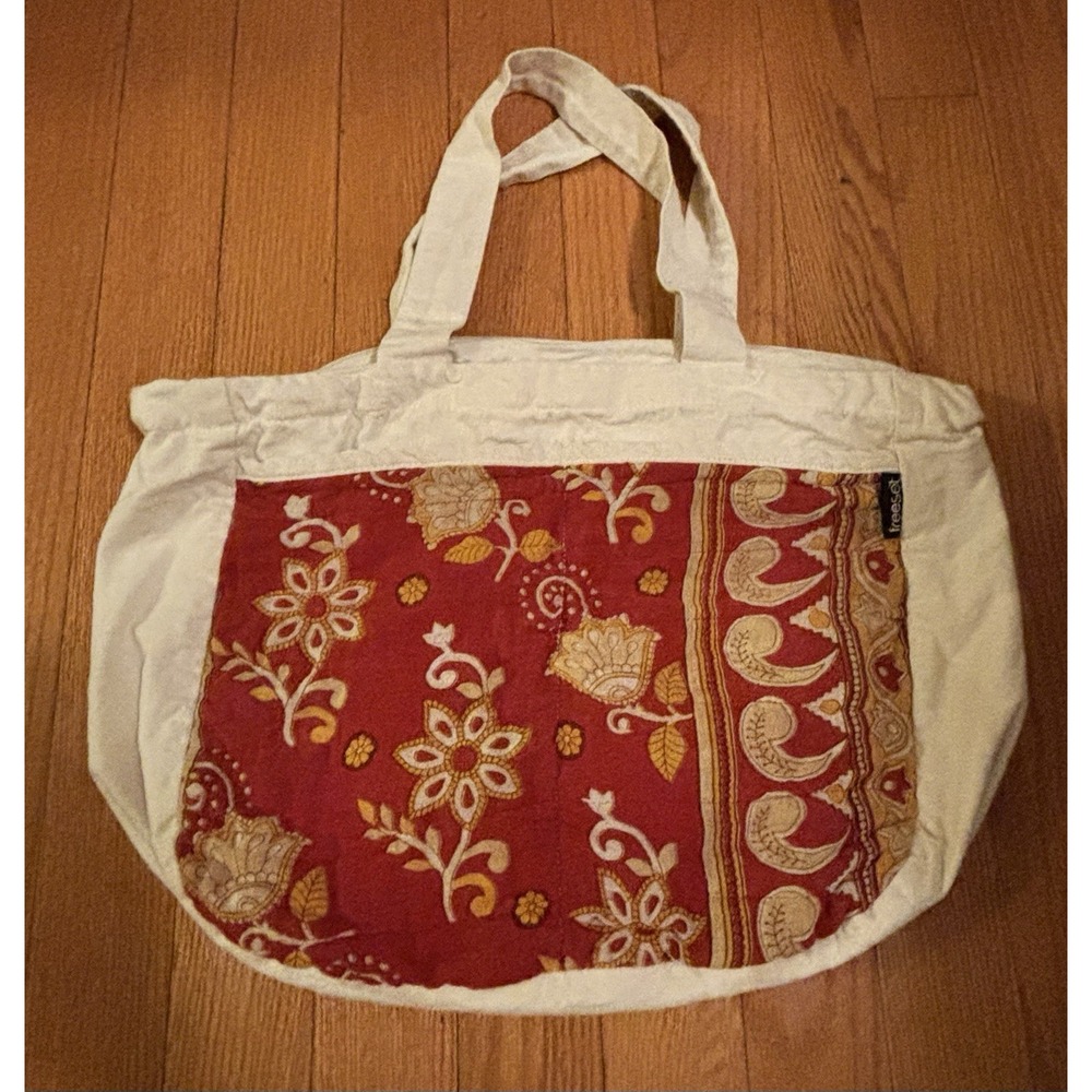 Freeset Large Cream Canvas Tote Bag Red Floral Paisley Quilted Zip Top[A]